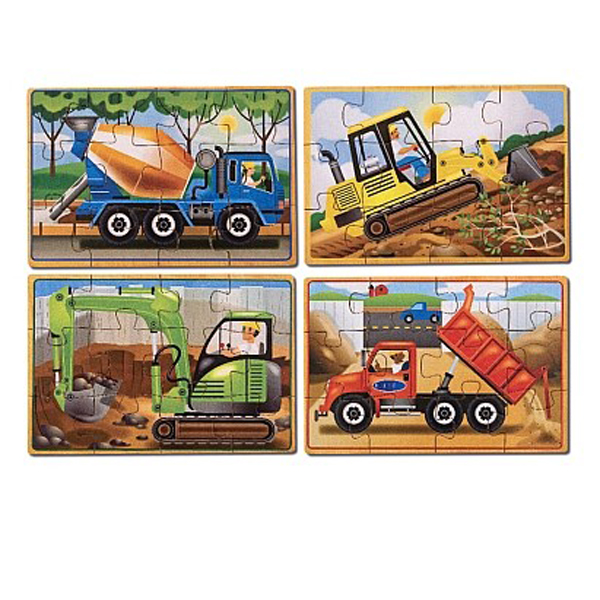 Set 4 puzzle lemn in cutie - Vehicule pentru constructii
