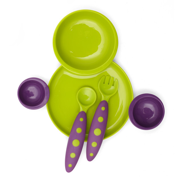 Set farfurie compartimentata si tacamuri Groovy si Modware, Green/Purple